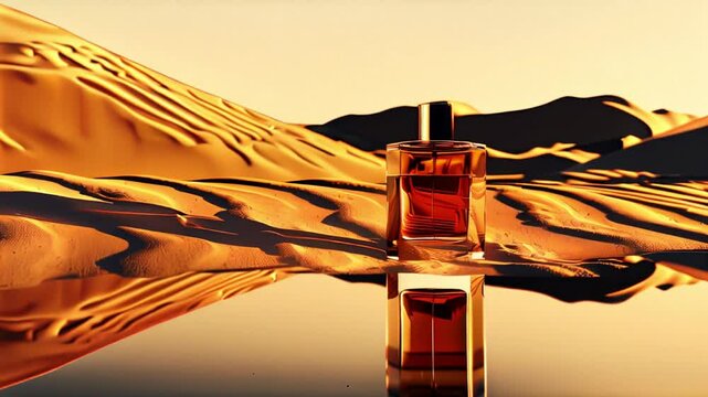 Mockup of a perfume bottle in the desert at sunrise or sunset. E-commerce layout. Premium amber perfume based on water surrounded by sand
