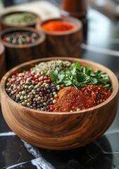 In the heart of a bustling kitchen, a wooden bowl brims with an array of aromatic spices, each imparting its unique flavor and fragrance to the culinary masterpiece in the making.