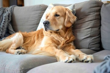 Golden retriever dog sitting on the sofa at living room, chill and relax