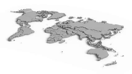 Grey color world map on white background. 3D rendering