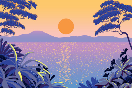 Tropical exotic romantic landscape with traditional jungle and plants in the front and island and sea in the background. Handmade drawing vector illustration.