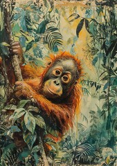 Obraz premium In the lush rainforests of Borneo and Sumatra, the orangutan swings effortlessly through the dense canopy, a symbol of the rich biodiversity of Southeast Asia.