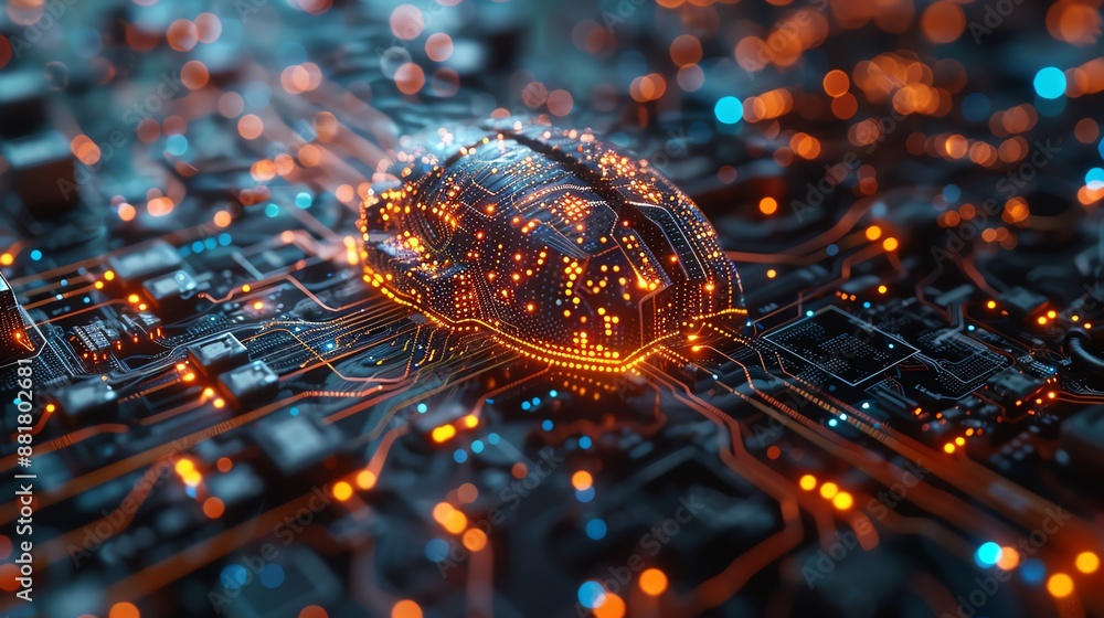 Poster a futuristic microchip glowing with vibrant orange and blue lights, representing advanced technology