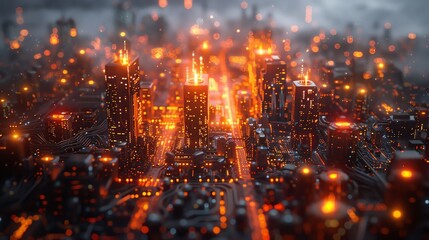 Obraz premium A dramatic futuristic cityscape at night, illuminated by vibrant orange and yellow lights, evoking a sense of mystery and wonder.