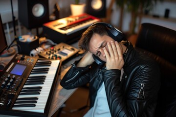 Tired musician feeling headache after working hard on new song in music studio at home Tired musician feeling headache after working hard on new song in music studio at home