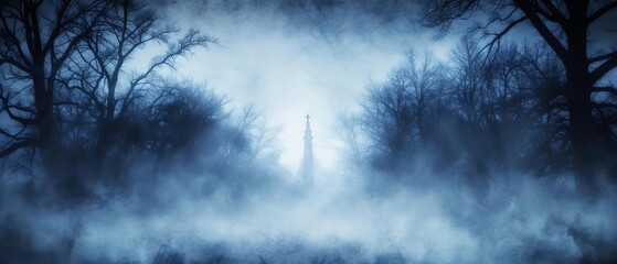 Obraz premium A mysterious foggy forest with silhouetted trees and a distant tower. Eerie blue light creates a haunting, mystical atmosphere.