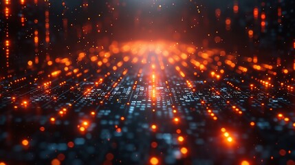 Abstract digital data matrix representing information flow and technology with glowing lights.