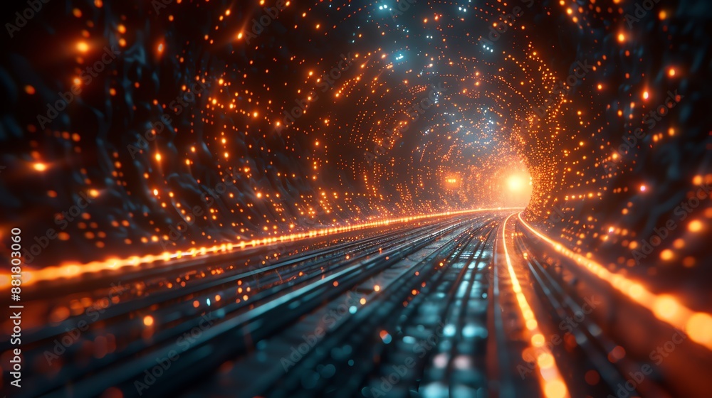 Aufkleber abstract futuristic tunnel with glowing lights and rails leading towards a bright light. concept of 