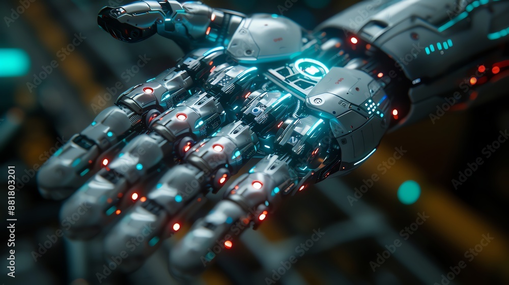 Poster closeup of a futuristic robotic hand with glowing elements, showcasing advanced technology and artif