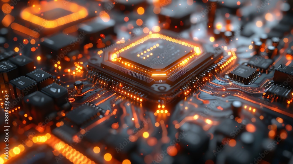 Poster close-up of a glowing microprocessor on a circuit board, showcasing intricate connections and techno