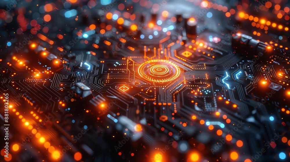 Poster close-up of a glowing circuit board with intricate components and bright lights, symbolizing advance
