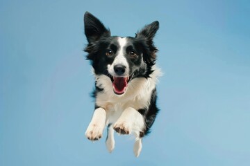 Fototapeta premium Happy Bernese Mountain Dog dog jumping on blue background