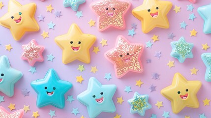 Playful 3D Stars with Happy Faces on Pastel Background