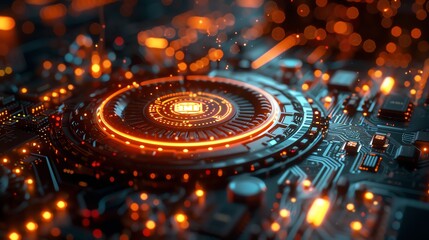 Close-up of futuristic circuit board with glowing elements illustrating advanced technology, innovation, and modern digital connections.