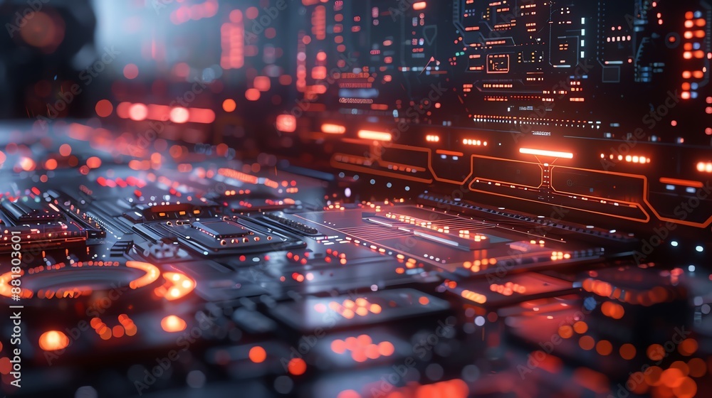 Aufkleber close-up view of futuristic circuit board with glowing red lights and intricate electronic component
