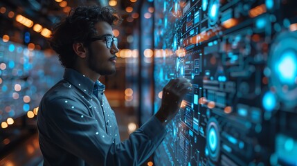 Focused professional interacting with advanced technology, touching futuristic display with digital interface in modern data center.