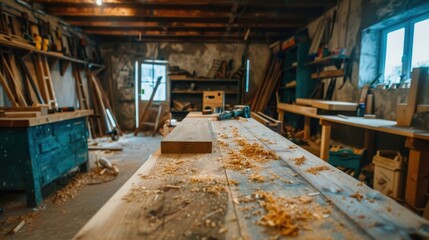Cozy Woodworking Workshop with Tools and Wooden Planks in a Rustic Setting
