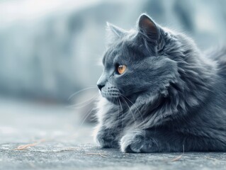 Elegant gray fluffy cat posing against a textured gray background.
