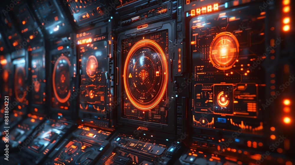 Poster futuristic control panel with advanced technology and glowing neon lights, perfect for sci-fi themes