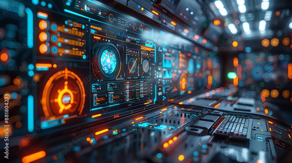 Poster futuristic control panel with glowing interfaces, showcasing advanced technology in a high-tech envi