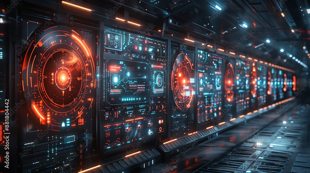Poster futuristic control room with glowing digital screens and advanced technology, showcasing a high-tech