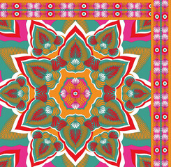 Silk scarf design.Colorful abstract pattern on watercolor flower pattern. Colorful paisley on a white background. Ethnic scarf pattern