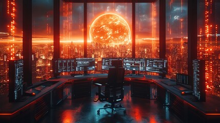 Obraz premium Futuristic control room with multiple screens displaying data, set against a dramatic skyline with a prominent glowing sun or energy sphere.