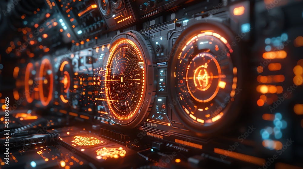 Poster futuristic digital control panel with glowing orange interface, showcasing advanced technology and d