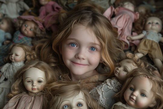 Happy young girl surrounded by her plastic fashion dolls lot of toys, littered with a happy dream view from above.