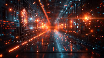 Fototapeta premium Futuristic digital technology background with glowing lights and binary data streams in a high-tech environment.