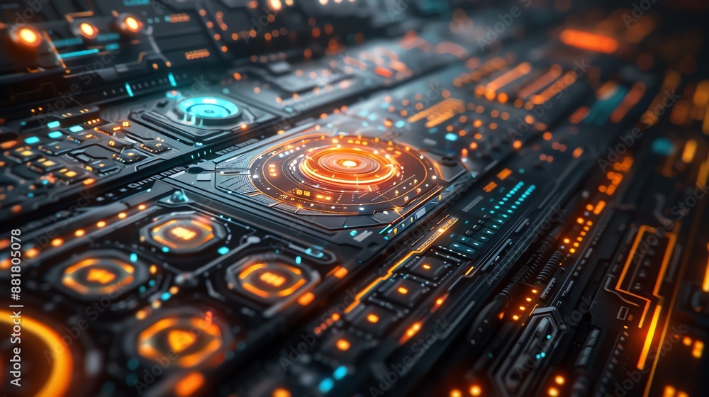 Poster futuristic interface with glowing neon circuits and holographic displays, creating a high-tech sci-f