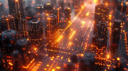 Fototapeta premium Futuristic glowing cityscape with digital overlay. Neon lights illuminate skyscrapers, creating a sci-fi urban landscape at night.