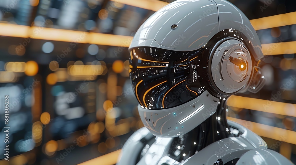 Poster futuristic robot with advanced technology in a modern setting, displaying intricate design and sleek