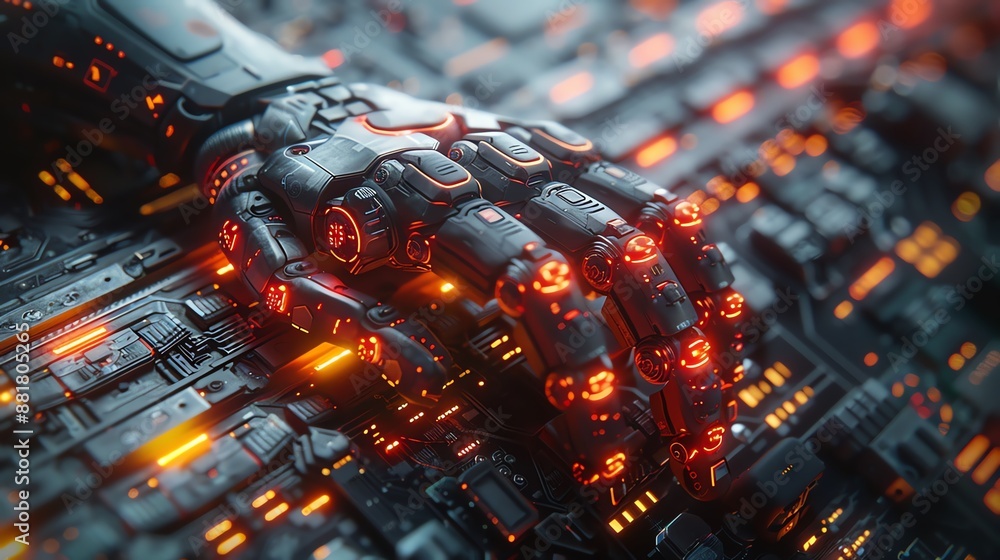 Poster futuristic robotic hand with glowing lights on a high-tech surface, showcasing advanced technology a