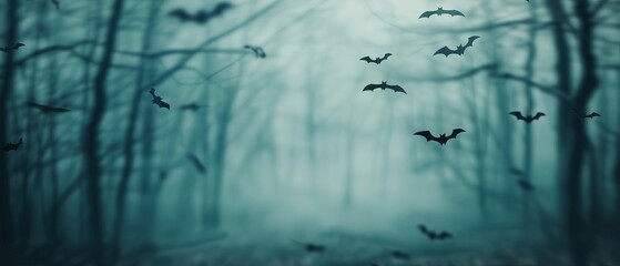 A spooky forest with fog and flying bats, creating a mysterious and eerie atmosphere ideal for Halloween-themed projects.