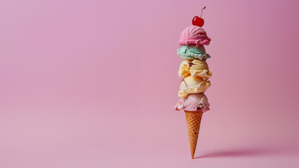 ertical stack of five ice cream cones with one cherry on top , each with different colors and textures, were arranged to form the shape of an arrow pointing upwards against a pastel pink background