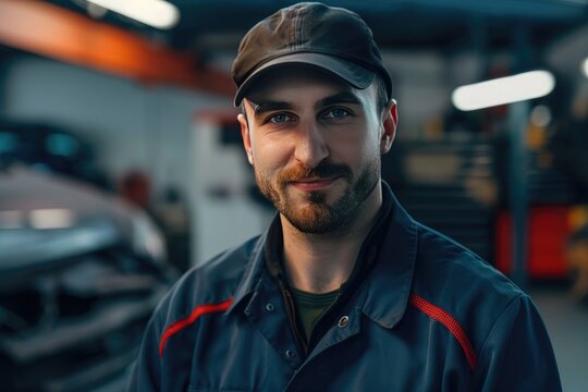 young mechanic worker standing with arms crossed in auto repair shop
