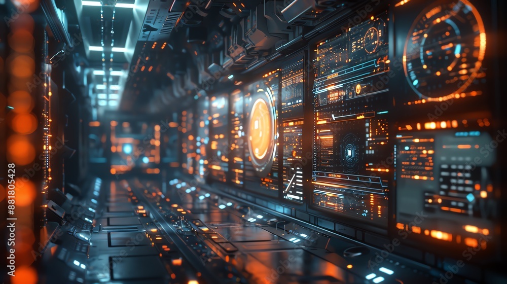 Poster futuristic spaceship interior with illuminated control panels and advanced technology displays in a 