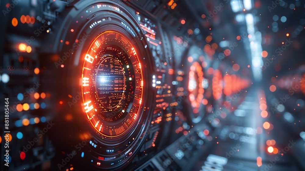 Poster futuristic technology with glowing red lights and intricate circuits, depicting advanced tech and in