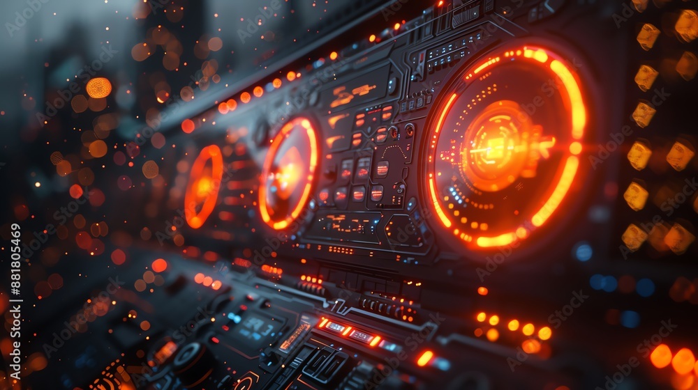 Poster futuristic technology interface with glowing orange lights and holographic display, concept of advan