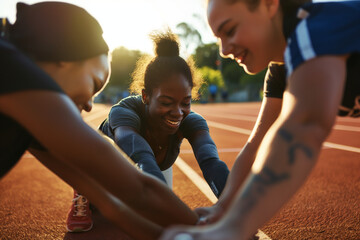 Athletes demonstrating teamwork and motivation as they stretch together on the track, highlighting...