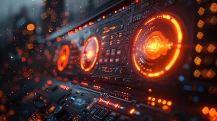 Obraz premium Futuristic technology interface with glowing orange lights and holographic display, concept of advanced digital innovation and interface.