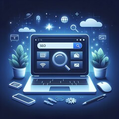 Naklejka premium Laptop with a search bar on the screen, representing SEO strategies and technological advancements.