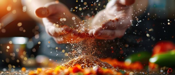 Hands Sprinkling Colorful Spices in Kitchen with Sunlight - Culinary Art and Cooking Concept