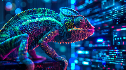 Chameleon changing colors in a server room symbolizing adaptation
