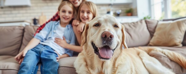 A dog is laying on a couch in front of a family.