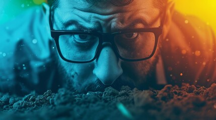 Close-up of a man with glasses looking closely at the ground under vibrant colored lighting. Concept of curiosity and close examination.