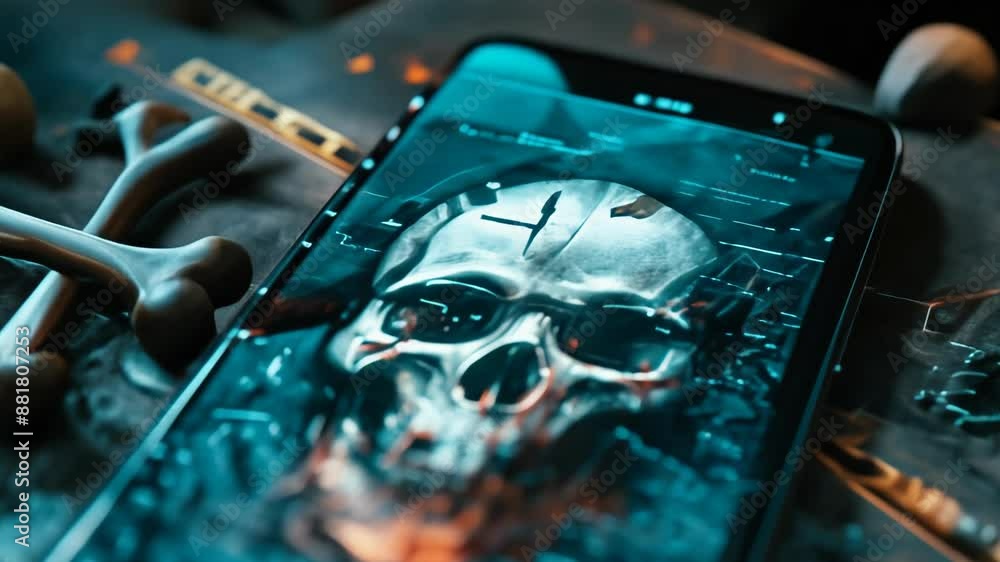 Poster smartphone displaying skull and crossbones warning symbolizing cybersecurity threats and data privac