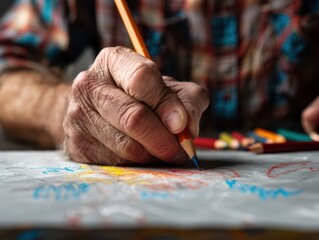 Close-up of Elderly Hand Drawing with Colored Pencils on Paper in Artistic Setting