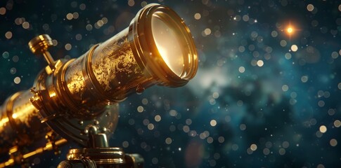 A vintage brass telescope set against a starry night atmosphere, with warm lighting reflections, evoking a sense of exploration and wonder under the night sky.